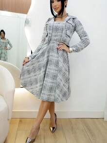 2 Piece Kit Two Piece Set Twed Mesh Fabric Dress And Blazer Jacket Women's Modest Christian Evangelical Fashion - BLACK aND WHITE - View 4