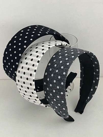 New Korean Style Black & White Polka Dot Wide Headband, Casual Wear Hairband For Girls