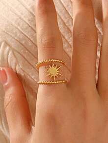 1pc 18K Gold Plated Stainless Steel Fashionable Sun-Shaped Open Ring, Suitable For Women's Daily Wear, Party, Holiday Gift - Gold - View 2