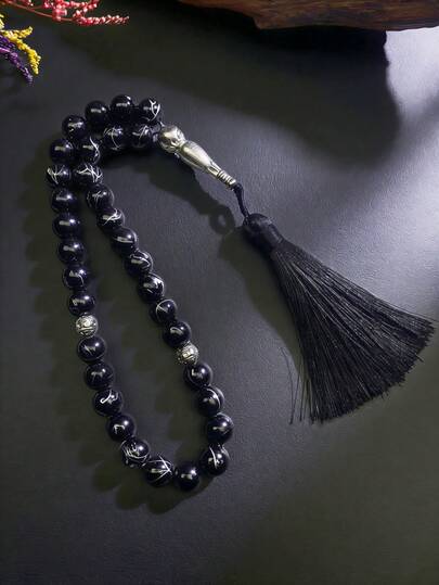 奢华黑色玻璃珠念珠，配银线，33颗珠子，手持式，中东风格，合金银流苏装饰，理想礼物
