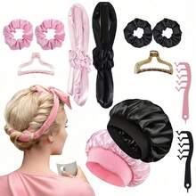 6件/5件/4件装 Mcbki 睡眠美发造型工具套装，无需加热的卷发棒+睡眠帽+Z字梳，丝质睡眠帽，弹性睡眠帽，女士护发，长发造型工具，DIY 懒人卷发，打造自然波浪和蓬松卷发，适合过夜使用，旅行必备，奢华护发礼品 - 彩色 - 查看 2