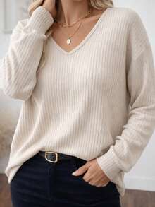 Woman Back Bow Detail Ribbed Knit Sweater – Casual Chic Fall/Winter Top - Beige - View 2