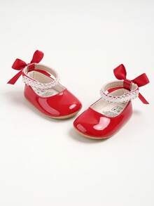 Newborn Baby Girls' Mary Jane Flats, Bow Decor, Non-Slip Soft Bottom PU Leather Infant Prewalker Shoes, Pearl Ribbon - Red - View 3