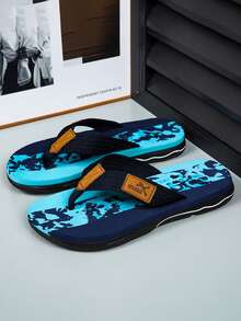 Men's Beach Woven Faux Fur Splicing Flip Flops, Spring/Summer - Blue - View 3