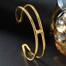 1件简约时尚18k镀金双层H形不锈钢手链，设计坚固，休闲风格，女士日常时尚百搭饰品 - 金色 - 查看 2