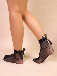 女士薄款踝袜 女士蝴蝶结中筒袜 新款印花中筒袜 3D蝴蝶结女士袜子 - 黑色 - 查看 2