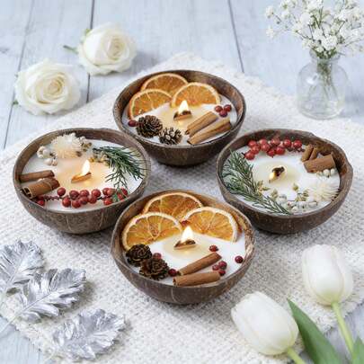 椰壳干花香氛蜡烛 - 香薰大豆蜡礼盒套装，适用于家居装饰、婚礼、生日和卧室氛围（天然香氛摆件）