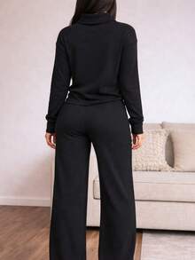 Comfy Set: Wide Leg Palazzo Pants With High Neck Blouse, Ruffle Detail, Casual Style With Pocket And Drawstring - Fashion 2026 - Black - View 2