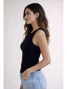 Women's Basic Ribbed Premium Sleeveless Tank Top, Comfortable, Fitted To The Body, Casual, Gym, Everyday, Women's Fashion - 黑色 - 查看 2