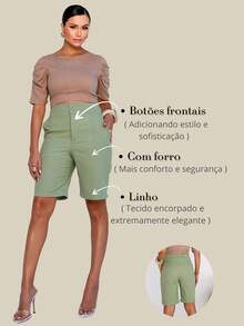 Linen Bermuda Shorts With A Modern Design, Featuring Pockets And Covered Buttons. - Xanh xô thơm - Xem 6