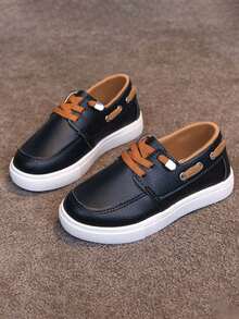 1 Pair Unisex New PU Upper Low-Top Sneakers, Soft Sole Non-Slip Children's Skate Shoes, Fashion Versatile Student Running Shoes, Suitable For All Seasons - Black - View 5