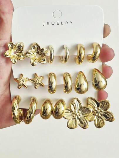 6/18pcs New Minimalist High-End UV Plated CCB Resin Earrings Set, C-Shaped Hoop Earrings Set, New Women's Gold-Plated Earrings, Hip-Hop Accessories, Geometric & Floral Earrings, Daily Wear, Gift For Girlfriend/Family/Friends
