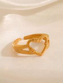 1 pieza Anillo abierto con forma de corazón chapado en oro de 18K de acero inoxidable, adecuado para uso diario de mujeres, citas, vacaciones, regalo - Dorado - Ver 5