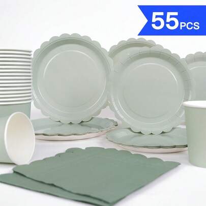 Sage Green Petal Shaped Disposable Plates, Napkins, Cups - One-Time Party Supplies Set For 10 Guests, Disposable Paper Plates Suitable For Birthday, Wedding, Theme Party, Family Picnic