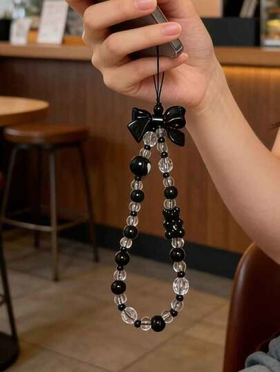 1pc Handmade Black Bow, Beaded Teddy Bear Phone Charm, Cute Pearl Decor, Suitable For Phone Cases And Bags