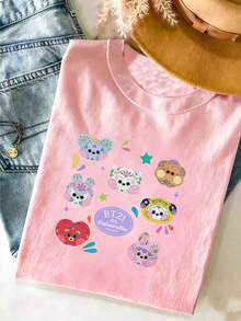 BT21 Characters Graphic Tee Women's Cotton Loose Fit Gifts For Halloween, Christmas, Thanksgiving And New Year - 粉色 - 查看 2