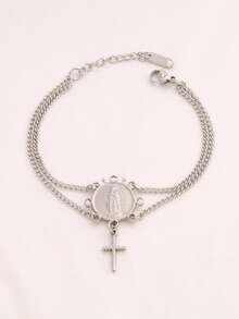 1pc Stainless Steel Virgin Mary Pendant Bracelet Fashion Gold Cross Charms Double Layer Chain Bracelets For Women Jewelry - Bracelet - View 8