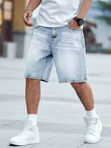 Light Blue Casual Slim Fit Straight Leg Denim Shorts, European And American Style For Teenagers - 淺藍色 - 查看 7