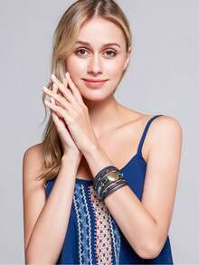 1pc Fashion Alloy Round Pendant Multi-Layer Snake Faux Leather Wrap Bracelet Gift For Girlfriend/Mother, Adjustable - Brown - View 12