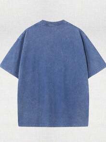 Graphic Tee  - Casual Loose-Fitting Washed Cotton 230G Pure Cotton T-Shirt For Women's Summer Wear   - Street Retro Distressed Style, Unisex Design - 藍色 - 查看 2