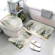Christmas Bathroom Rug Set Of 3, Featuring Deer In A Cedar Forest, Includes Bath Mat, Contour Mat, And Toilet Lid Cover, Suitable For Kitchen, Bathroom, And Bedroom, Washable Floor Carpet Deco - 彩色 - 查看 7