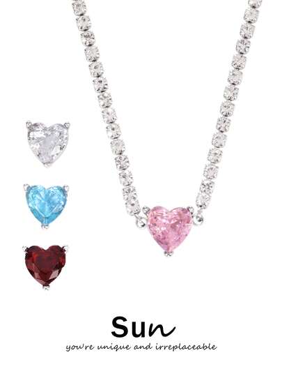 1pc Stainless Steel Color Zirconia Heart Pendant Necklace For Women Luxury Shiny Zirconia Tennis Chain Necklaces Jewelry