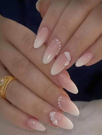24pcs Medium Almond Shaped Press-On Nails, White French Ombre Design With White Flower & Faux Pearl Decor, Includes 1pc Jelly Gel And 1pc Nail File, Suitable For Women & Girls Daily Wear And Occasions Like Valentine''s Day Party