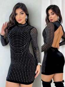 Women's Short Dress In Velvet Fabric, Long Sleeve, All Embellished With Rhinestones, Country Cowgirl Winter Fashion - màu đen - Xem 1