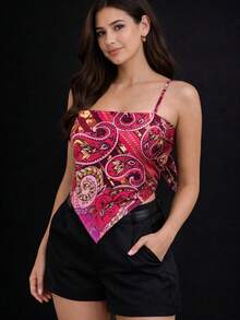 Women's Blue Print Scarf-Style Top With Back Tie And Thin Straps - Elegant Summer Fashion - 乾枯玫瑰色 - 查看 3