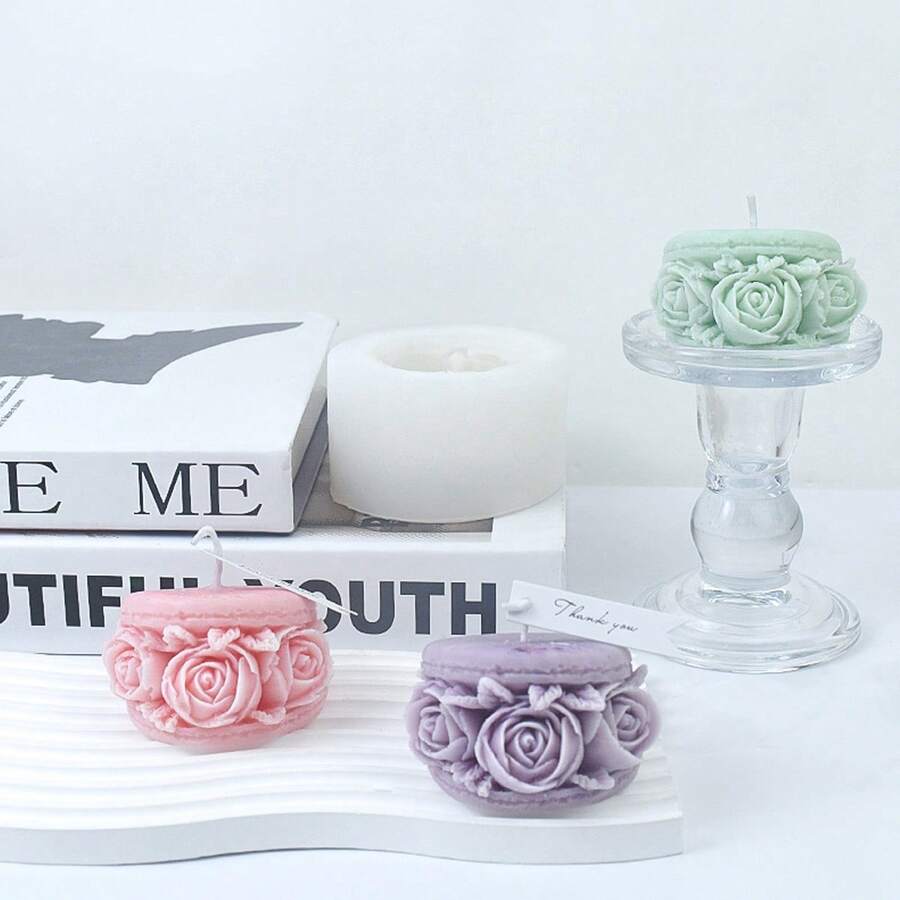 1个玫瑰花和马卡龙造型硅胶蜡烛模具 DIY - 白色 - 查看 1