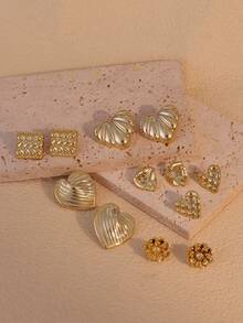 2-6 Pairs Gold Tone Earring Set, Instantly Elevate The Ambiance! Heart & Flower Designs, Sweet & Chic, Suitable For Daily Commute Or Dates - Gold - View 5