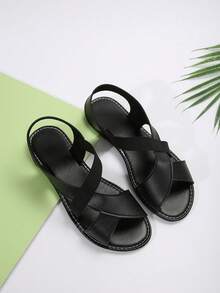 欧美风夏季休闲舒适女士平底凉鞋，圆头低跟沙滩鞋 - 黑色 - 查看 6