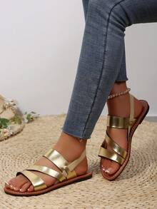 Giày sandal đế bằng nữ kiểu dáng châu Âu và Mỹ, thoải mái, mũi tròn, gót thấp, thích hợp đi biển mùa hè. - Vàng - Xem 3