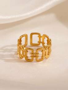 1pc 18K Gold Plated Stainless Steel Minimalist Geometric Line Open Ring, Suitable For Women's Daily Wear - Gold - View 3