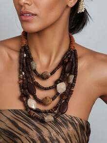 Bohemian Style Maillard Multi-Layer Wooden Beaded Necklace, Niche Design Retro Resin Splicing Choker - Brown - View 7
