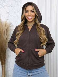 Women's Casual Zip-Up Jacket With Solid Color Hat. - Cà phê nâu - Xem 3
