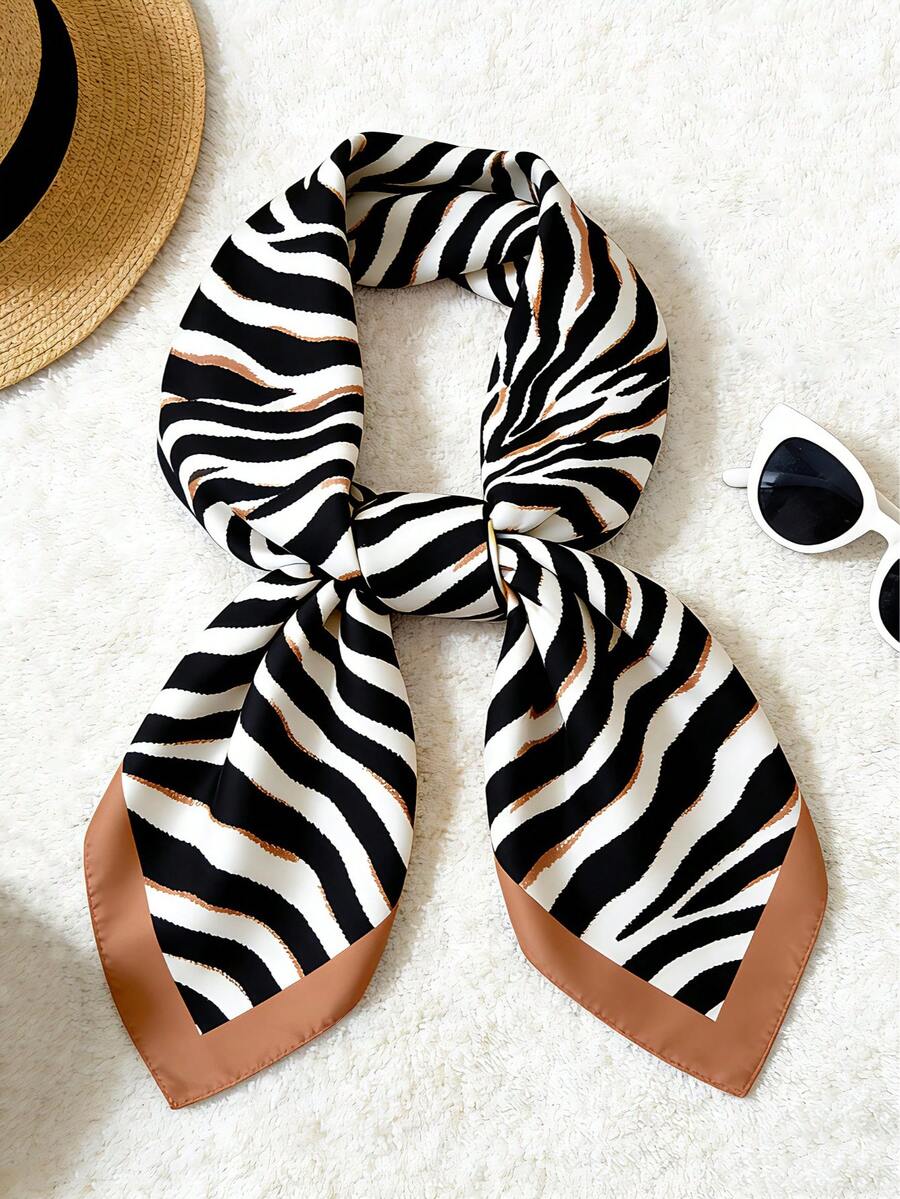 斑马纹缎面头巾沙滩巾套装（1 件），女士时尚配饰，理想礼物 - 彩色 - 查看 1