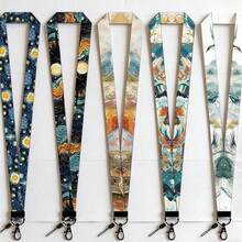 Artistic Style Phone Lanyard, Campus Card/Work ID Holder, Starry Night Koi Fish & Landscape Pattern, Detachable Halter - Rectangle - View 1