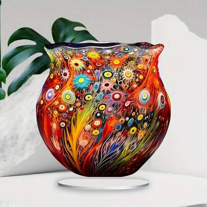 2D扁平彩色亚克力花瓶装饰带底座，梦幻般的家居和办公室桌面摆件