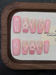 10片装Y2K风格管道形美甲贴片套装 - 手工制作，粉色美甲，粉色法式美甲，手工3D花朵，3D粉色花朵美甲。手绘3D水滴图案设计，粉色小花和白色仿珍珠装饰手工美甲贴片 - 彩色 - 查看 11