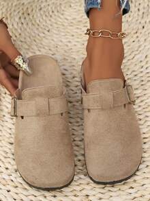 Women's Suede Mule Slippers, Casual Shoes, Flat Slippers, With Metal Buckle Decoration, Round Toe, Non-Slip Rubber Sole, Suitable For Spring And Summer Home Wear And Outdoor Vacations - 卡其色 - 查看 1