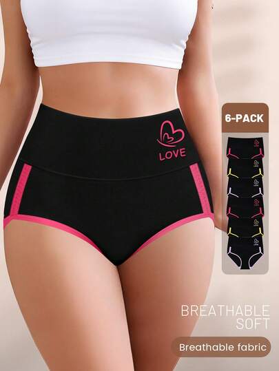 6pcs Women Plus Size Triangle Panties, Fashionable Contrast Color Design, Soft And Breathable