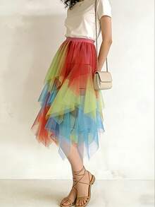 Ombre Asymmetrical Mesh Tulle Skirt, New Spring/Summer Midi Flowy Skirt, Fairy Style Skirt Vacation - Rainbow Colors - View 3