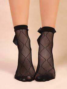 女士薄款踝袜 女士蝴蝶结中筒袜 新款印花中筒袜 3D蝴蝶结女士袜子 - 黑色 - 查看 4