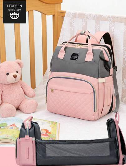  LEQUEEN 1pc Oxford Cloth New Mommy Bag With Bed Pad, Large Capacity Multifunctional Fashionable Diaper Bag For Outdoor Travel And Storage