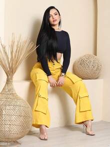 Women's Wide Leg Cargo Pants, High Waist, Tailored, Marrant Style, Palazzo Pants With 4 Utility Pockets, Premium Streetwear - 黃色 - 查看 7
