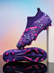 1 Pair Unisex Football/Soccer Shoes For Adults, Students, Teenagers, Suitable For Match, Training, Outdoor Sports, Lace-Up, Non-Slip, Wear-Resistant, With AG Long Studs And TF Short Studs - Purple - View 2
