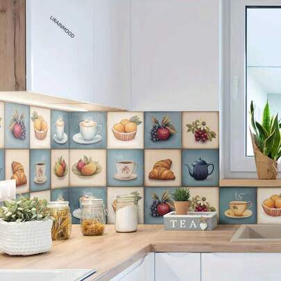 30 piezas de pegatinas de pared removibles y reutilizables con diseño de frutas, elegantes calcomanías de pared de color café y pan adecuadas para la cocina, el baño, el mueble y la decoración del hogar