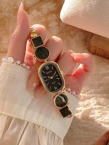 1件女士长方形黑色石英表，适合日常佩戴、生日礼物、休闲场合 - 黑色 - 查看 8