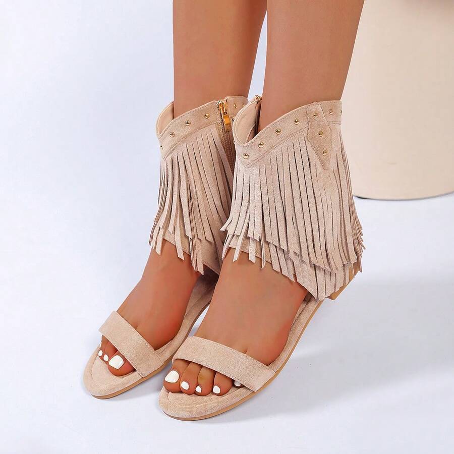 Khaki modische Nieten-Fransen-Sandalen, schwarze Wildleder-Optik Quasten-Sandalen mit Reißverschluss hinten, offene Zehen Römersandalen für Damen Lässig bekleidung - Khaki - Übersicht 1